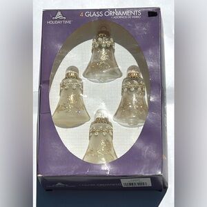 Holiday Time Glass Bell Christmas Ornaments
Clear Frosted Gold Trim 3” Like New